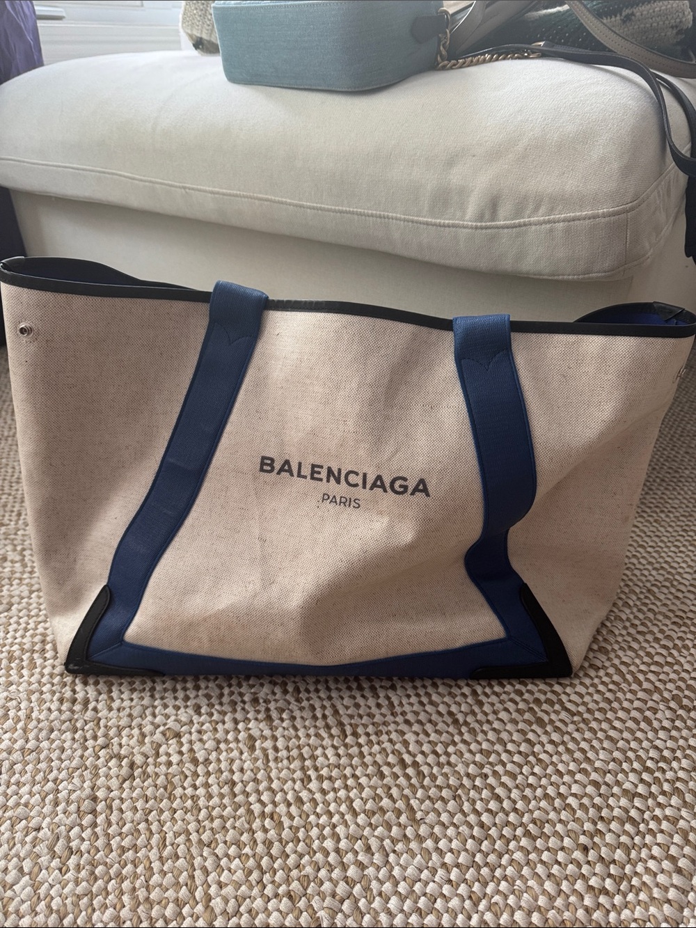 Balenciaga Natural Canvas Tote with Blue Trim